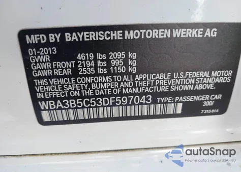 2013 BMW 328I xDrive из США, поврежденный, VIN WBA3B5C53DF597043